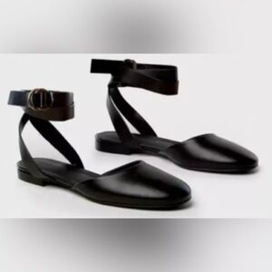 Jenni Kayne Black Lambskin Leather Ankle Wraparound Ballet Slipper Flats